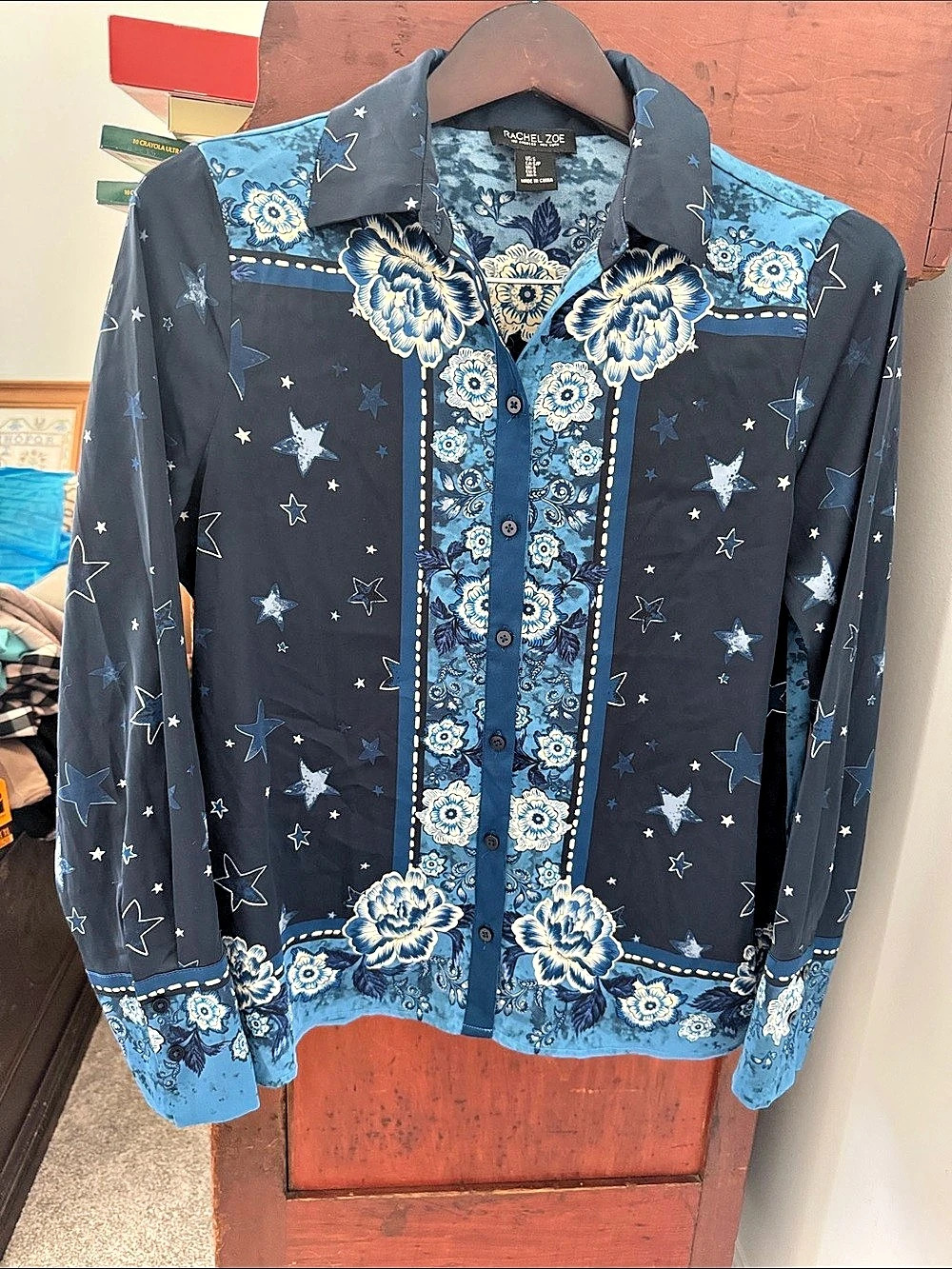 Rachel Zoe Western-Theme Floral Button Down Blouse in Blue & Black Size Small Li